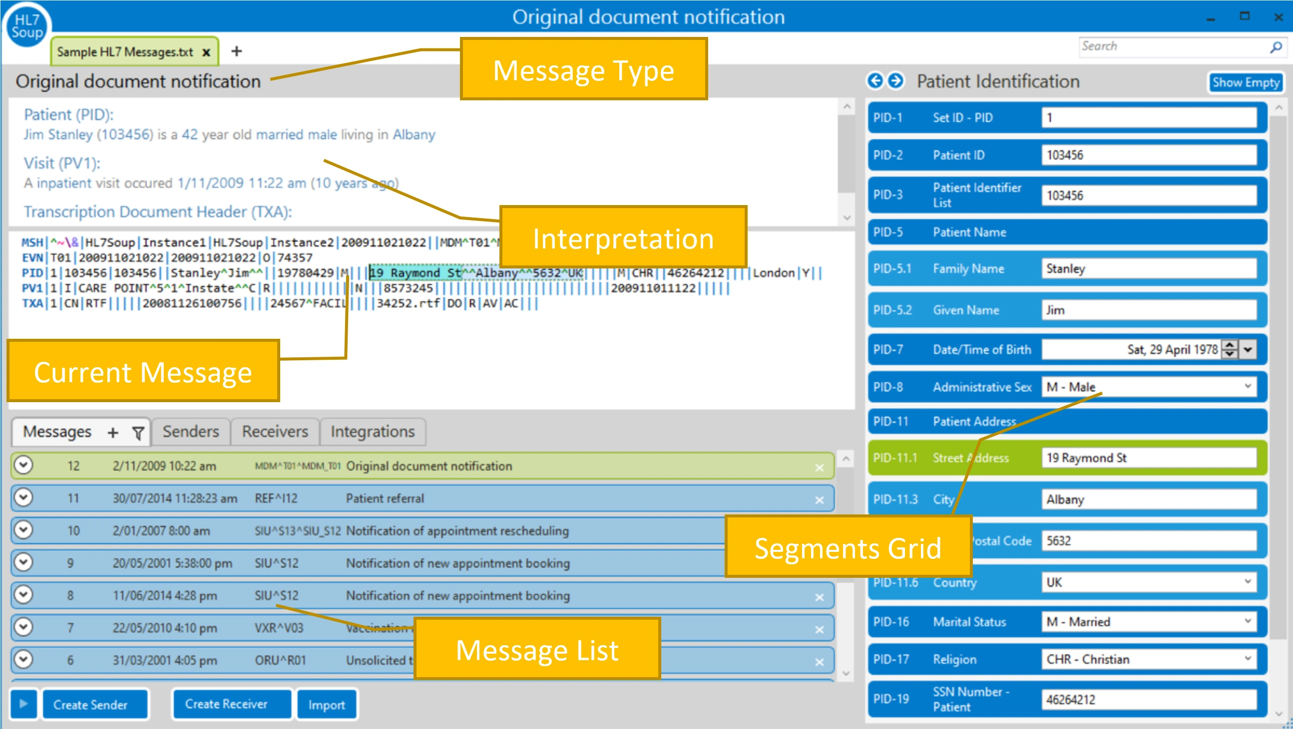 HL7 Soup Editor with captions