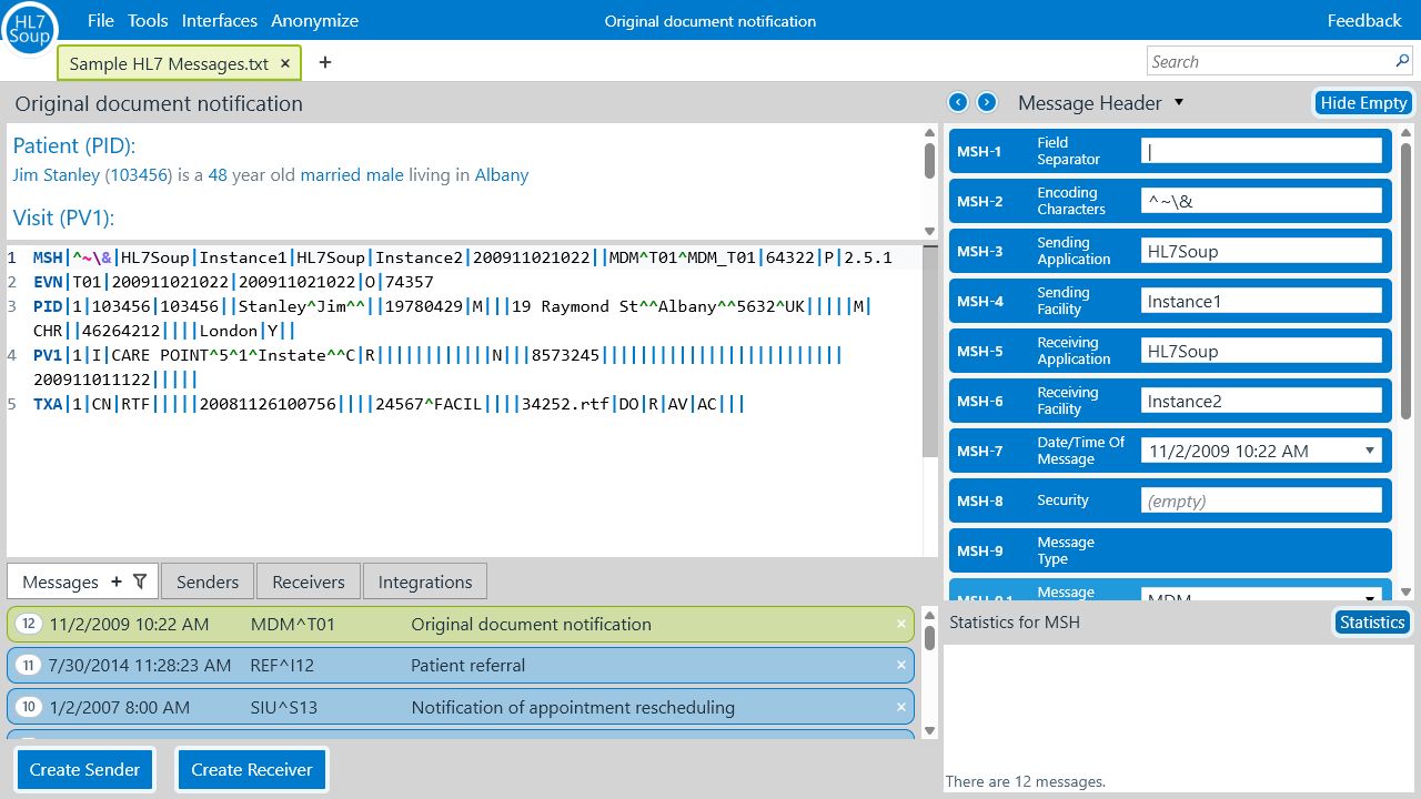 HL7 Soup Online showing the message story, raw HL7 editor, message list, segment field editor, and statistics panel.