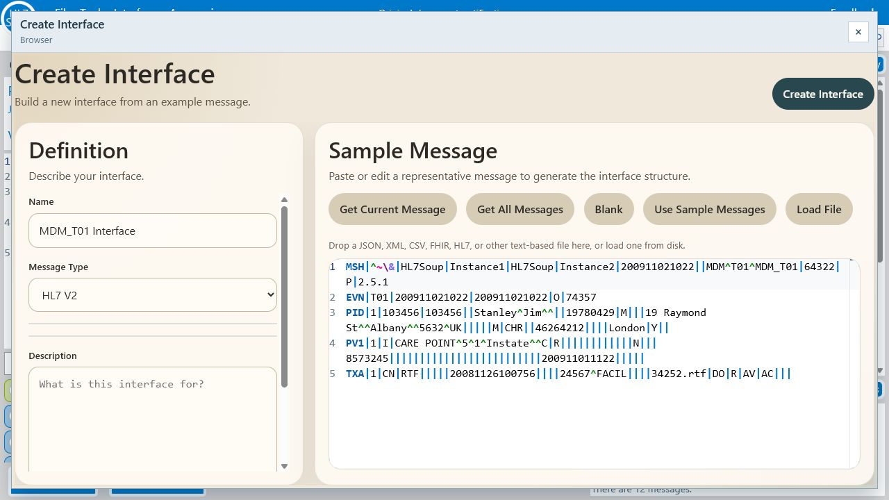 HL7 Soup Online Create Interface dialog showing an interface definition and sample HL7 message used to generate conformance rules.
