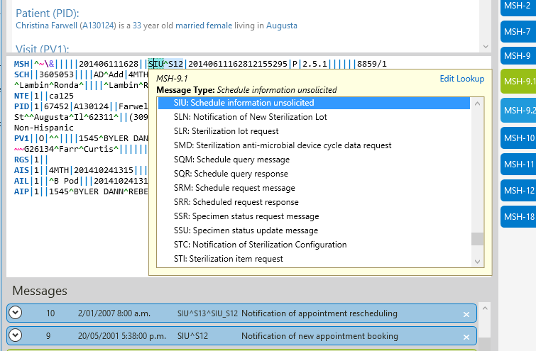 HL7 Soup MSH-9.1 message type drop-down showing SIU scheduling message type options and descriptions.