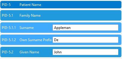 HL7 Soup segment grid showing PID-5 patient name split into family name, given name, and surname subcomponents.