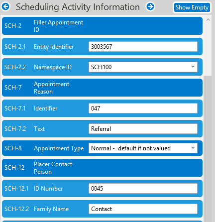 HL7 Soup SCH segment grid showing appointment identifier and scheduling fields.