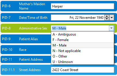 HL7 Soup segment grid showing a PID-8 administrative sex lookup table dropdown.