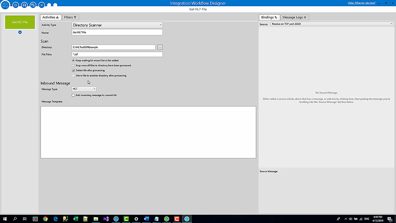 Integration Host source activity configured to scan a folder for incoming HL7 files.