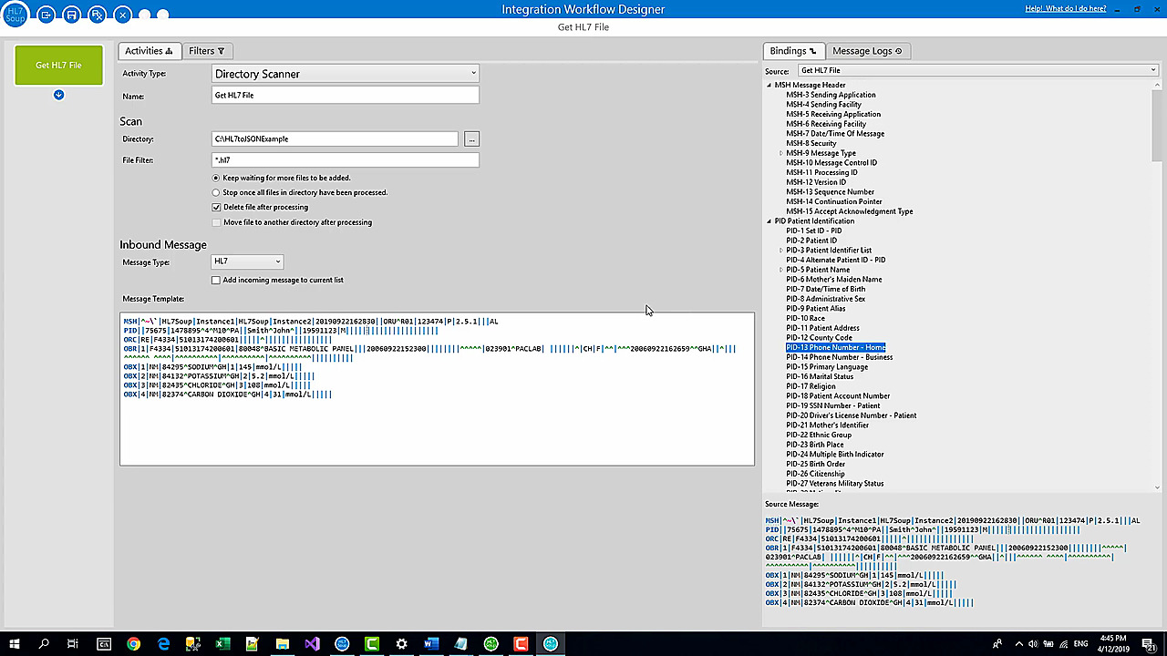 Integration Host workflow designer showing a message template tree used for HL7 to JSON mapping.