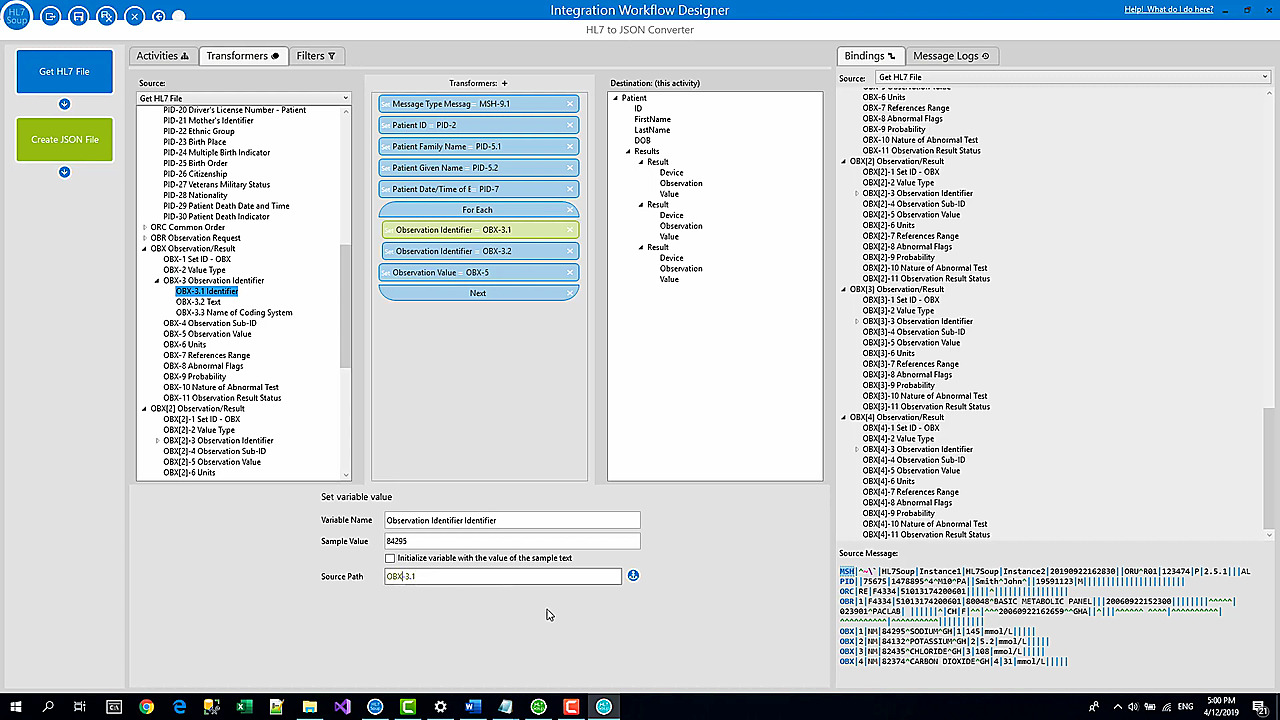 Integration Host transformer view where repeating OBX values are collected for JSON output.
