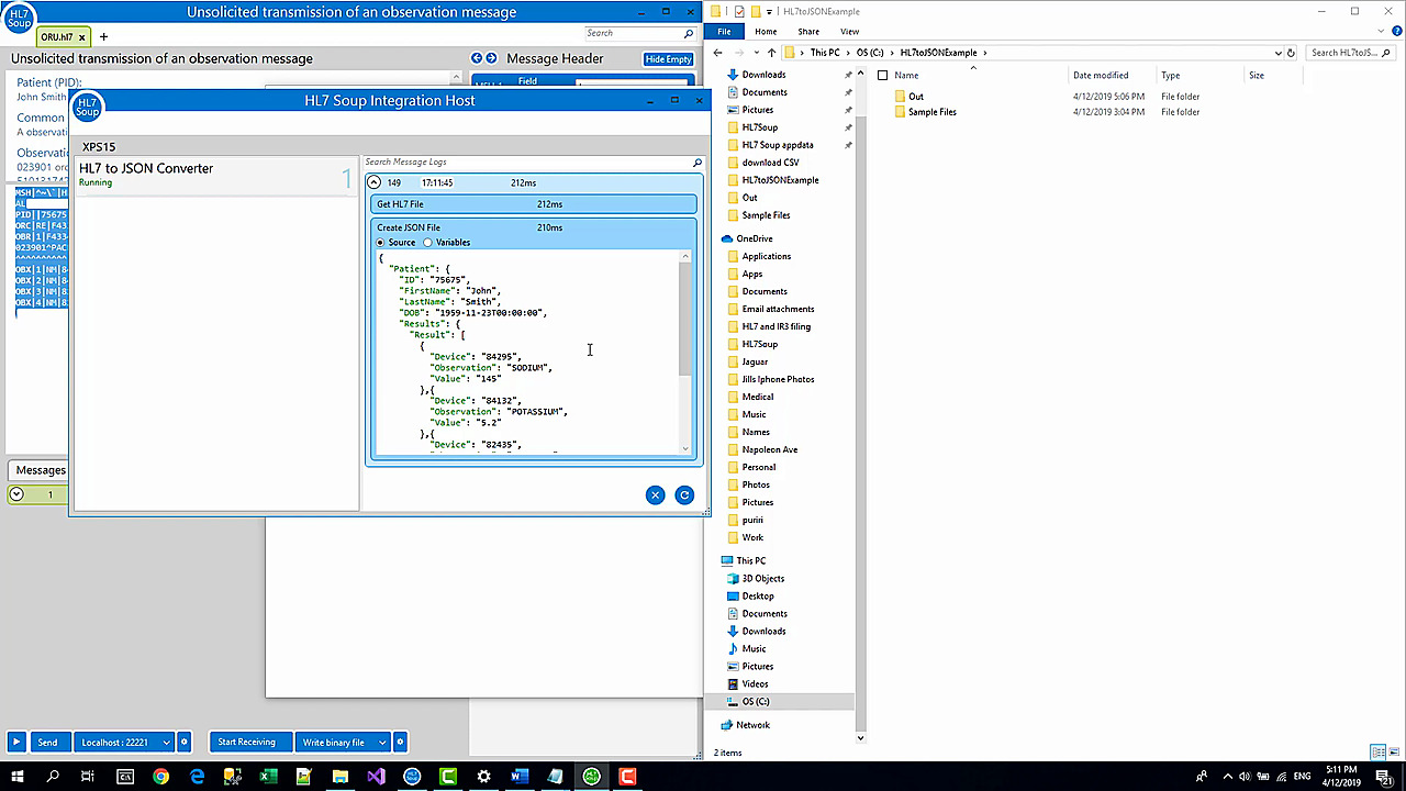 Integration Host log and output activity after the HL7 to JSON workflow is tested.