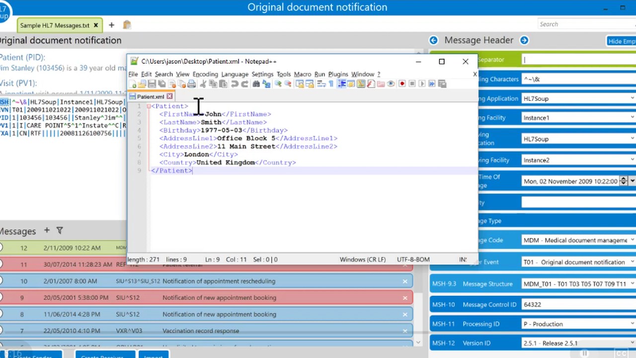 HL7 Soup showing sample HL7 messages beside a simple patient XML template.
