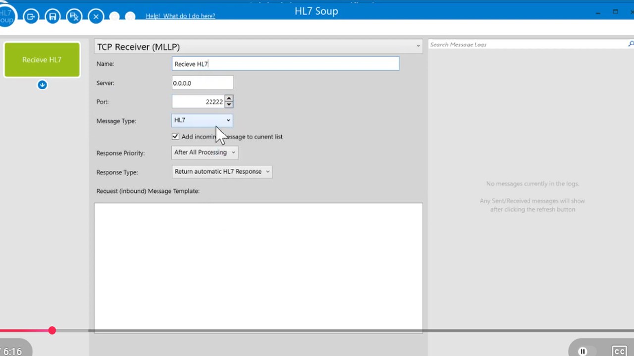 HL7 Soup receiver settings for a TCP receiver named Receive HL7 on port 22222.