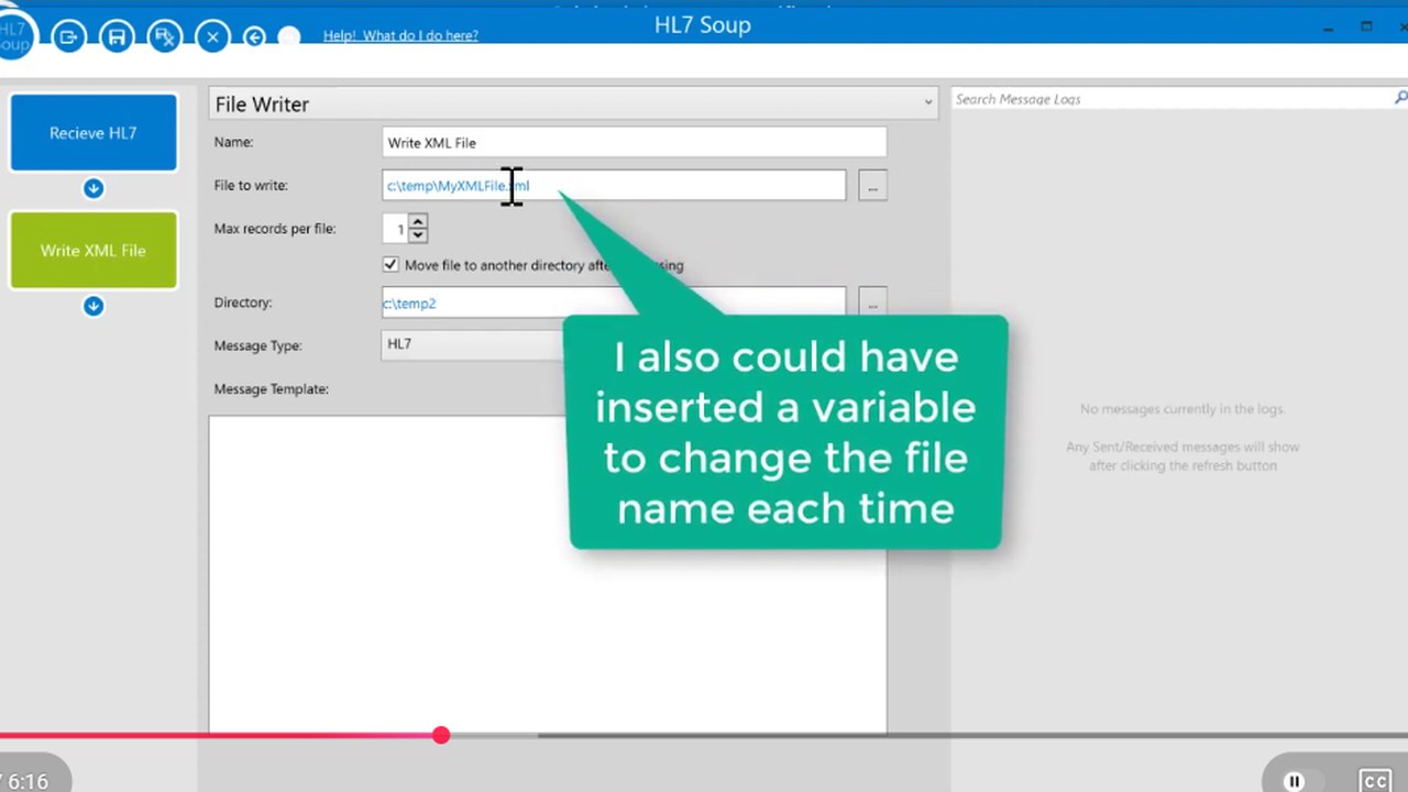 File Writer activity configured to write XML output files and move them after processing.