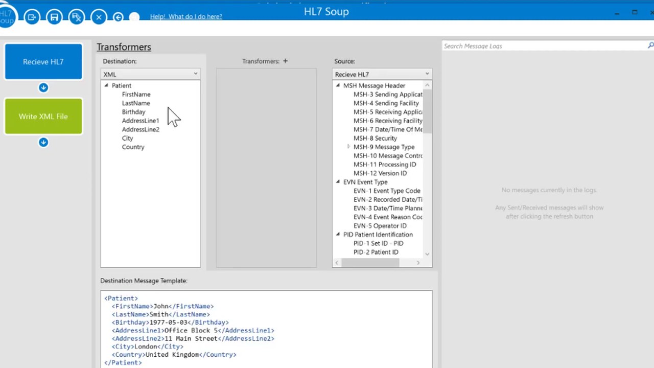 Transformer view showing HL7 PID fields mapped into XML patient elements.