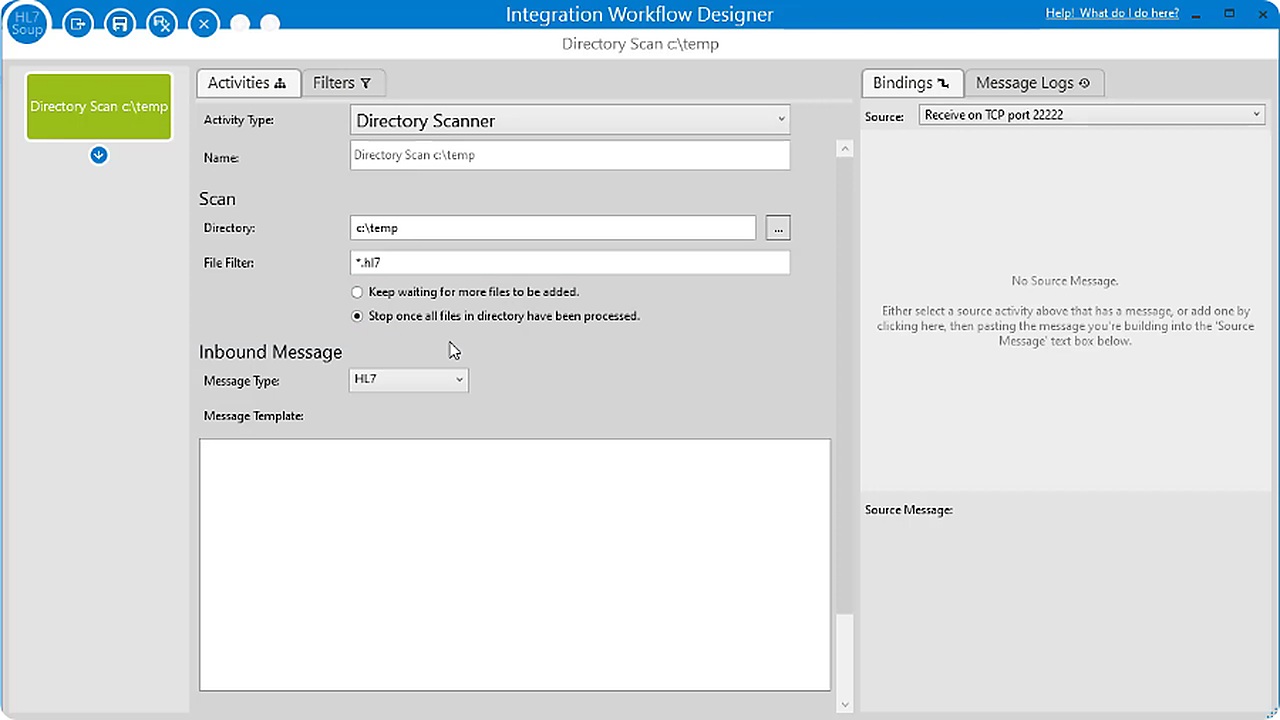 Integration Host Directory Scanner settings for choosing an incoming folder and file filter.