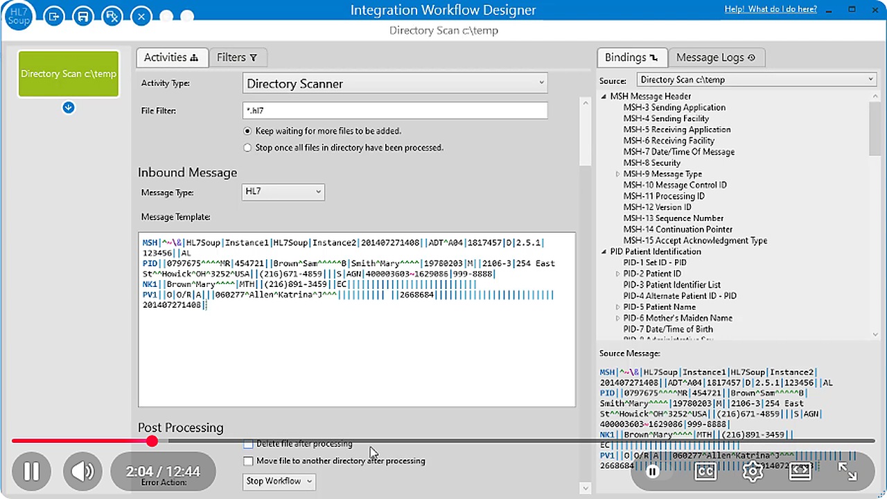 Integration Host showing a sample HL7 message and binding tree for file-processing fields.
