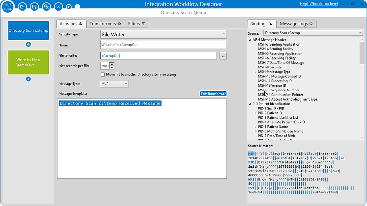 Integration Host File Writer settings for output file path and message type.