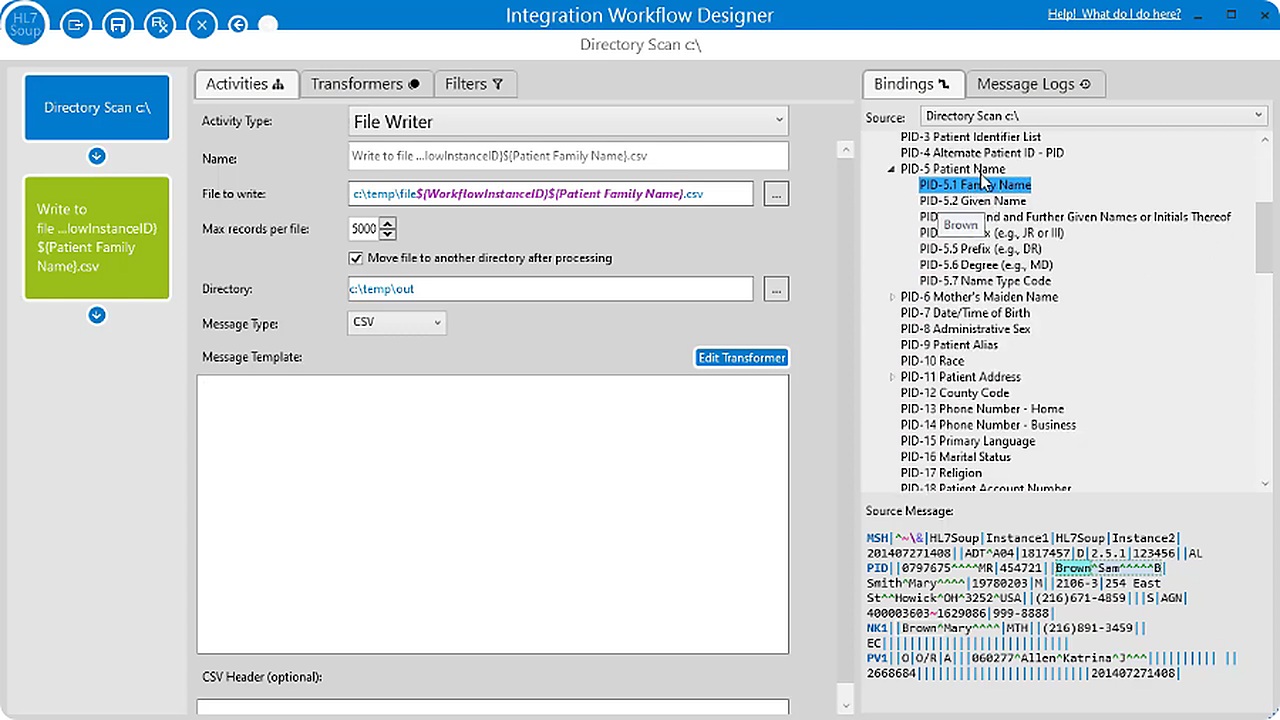 File Writer output body and CSV header fields being configured from incoming HL7 values.