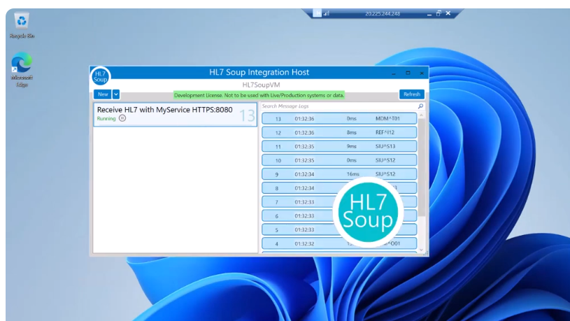 Integration Host running on the Azure VM with received HL7 messages in the workflow history.