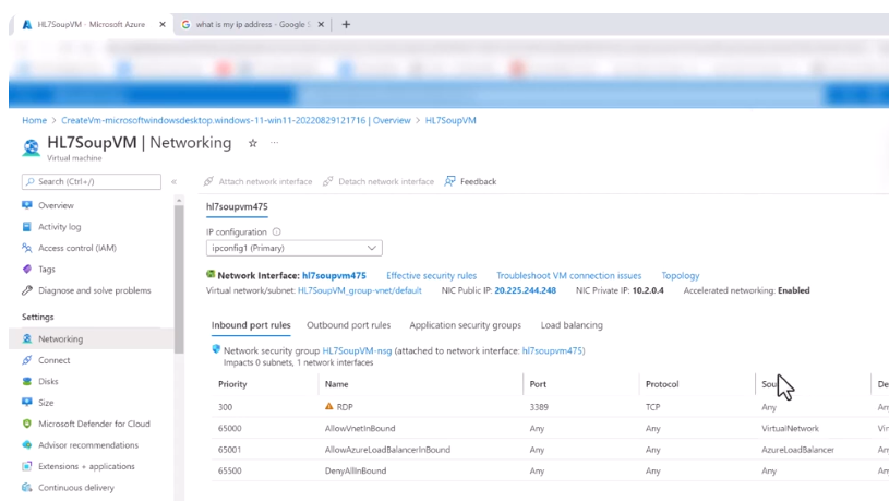 Azure VM networking page showing inbound port rules for the virtual machine.