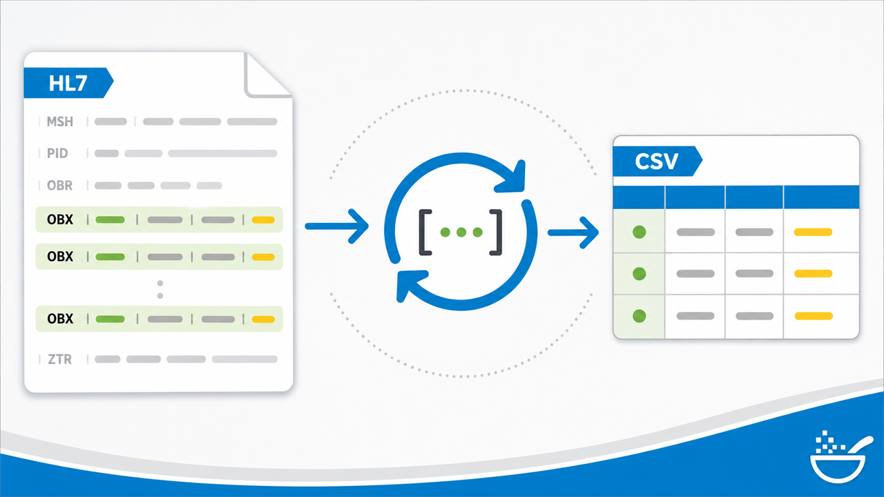 Diagram showing one HL7 message with repeated OBX values becoming multiple CSV rows.