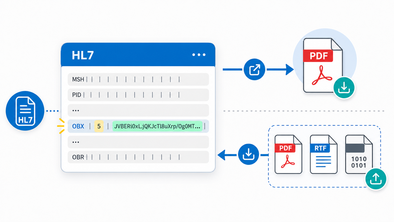 Diagram showing an HL7 OBX-5 Base64 value being extracted to PDF and PDF, RTF, and binary files being embedded back into HL7.