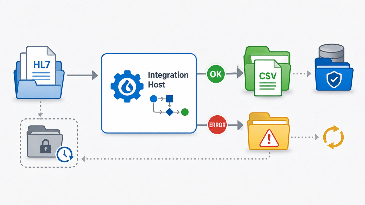 Diagram showing HL7 files entering Integration Host, successful CSV files moving to output and archive folders, and failed files moving to an error folder.