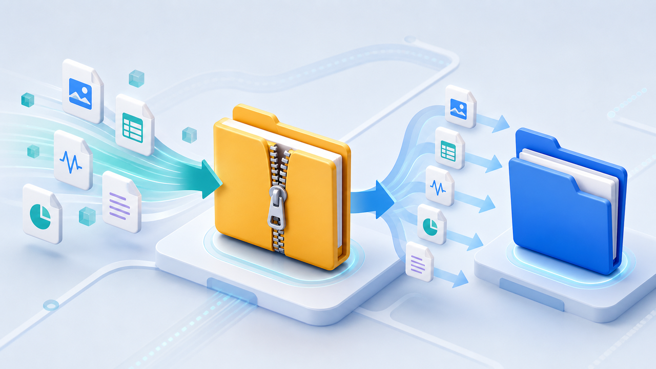 Files flowing into a ZIP archive and being extracted into a destination folder.